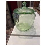 Uranium glass biscuit jar, rough round rim chip on