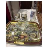 Vintage set, Courier and Ives metal tray with 2