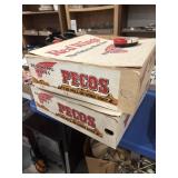 Two empty vintage red wings, boot boxes and tin,
