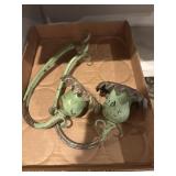Two vintage green pointet candle holders, metal