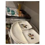 Shelf lot, plates, copper mugs, bar glssses, etc.