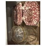 Vintage red and white transfer ware candy bowl