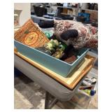 Wooden tray with a bunch of goodies, frogs,