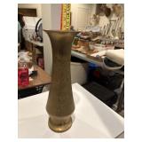 Tall, vintage etched brass vase with intricate