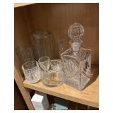8 piece glassware, crystal decanter, Bud vase,