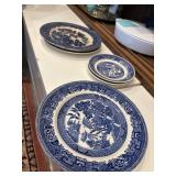 7 vintage blue and white blue willow plates,