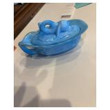 Vintage blue slag, milk, glass covered dish with