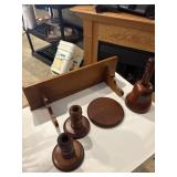 Five hard wood pieces, shelf, candlesticks, etc.