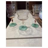 3 vintage pink and green depression glass goblets