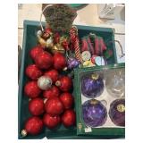 Bin of vintage glass, Christmas ornaments, coins,