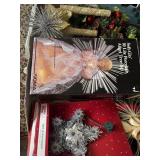 Box of vintage Christmas, treetoppers, candles,
