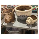 3 flower pots, decorative, pig and rhino