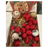 Lots of vintage Christmas ornaments, red, beaded,