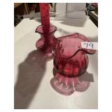 two pieces of vintage mid-century cranberry glass