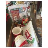 Box of Christmas, mugs, figurines, vase with