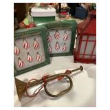 Christmas decor, brass horn, lantern, 2 NIB