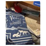 Box of vintage Christmas table runners, tree