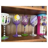 Five hand-painted collectible wine, glasses,