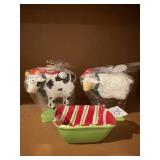 Two vintage Christmas farm animals, candles, and