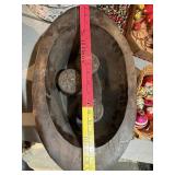 Large wooden bowl with three vintage candles
