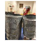 Two galvanized metal Christmas buckets