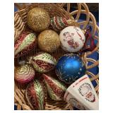11 vintage glass Christmas ornaments and basket