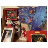 Several Christmas ornaments some in boxes, Barbie,