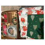 Vintage Christmas, decor, tablecloth, ornaments,