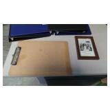 4-3 ring binders, clipboard, pic frame