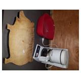 Mini coffee pot, cutting board, strainer