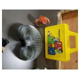 Toys-slinky, hangman, rubix triangle, lunch box