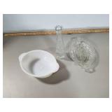 Fire king dish and 2 crystal pieces