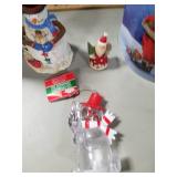 3 snowman decorations, ornament and popcorn tin