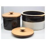 2 CROCKS W/ WOOD LIDS (LARGER IS CRACKED AS