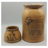 2 PC MODERN STONEWARE CROCKS - SHEEP / RABBIT