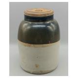 TWO TONE STONEWARE CROCK W/ WOOD LID