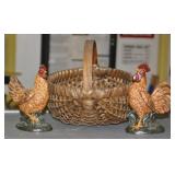 NS: 2 RESIN CHICKENS & NICE WOVEN BASKET