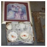 NS: LOT W/ CAST IRON WATERER, PRINT, DISHES