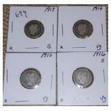 S: 4 BARBER DIMES G-VG - 1913 14 15 16