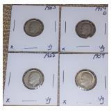 S: 4 ROOSEVELT SILVER DIMES: 1953 54-D 55 57