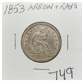 S: 1853 AU50 SEATED LIBERTY QUARTER