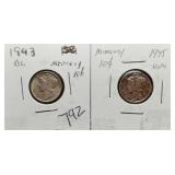 S: 2 MERCURY DIMES: 43 BU & 45 UNC