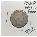 S: 1913-D VG BARBER QUARTER
