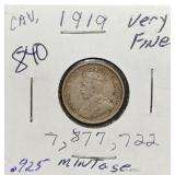 S: 1919 VF CANADIAN DIME LOW MINTAGE .925 SILVER