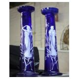 NS: PAIR 13" HANDPAINTED BLOWN COBALT BLUE VASES