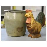 NS: STONEWARE CROCK & ROOSTER FIGURINE