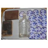 S: LOT W/ REAGAN BUTTONS, EARLY BIBLES & BOTTLE