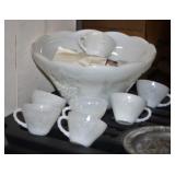 NS: MILK GLASS PUNCH BOWL SET - CUP HANGERS ARE