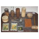 NS: LOT W/ WOODEN CONTAINERS, ADVERTISING WALLET +