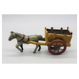 S: ANTIQUE TIN LITHO TOY HORSE & CART - 5" L